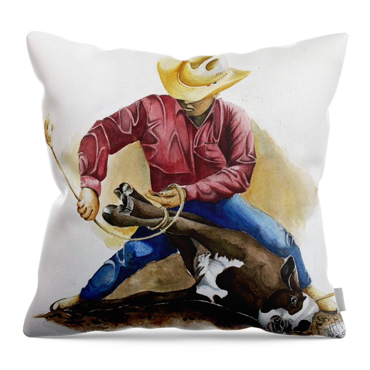 Calf Throw Pillow featuring the painting All Cinched Up by Jimmy Smith