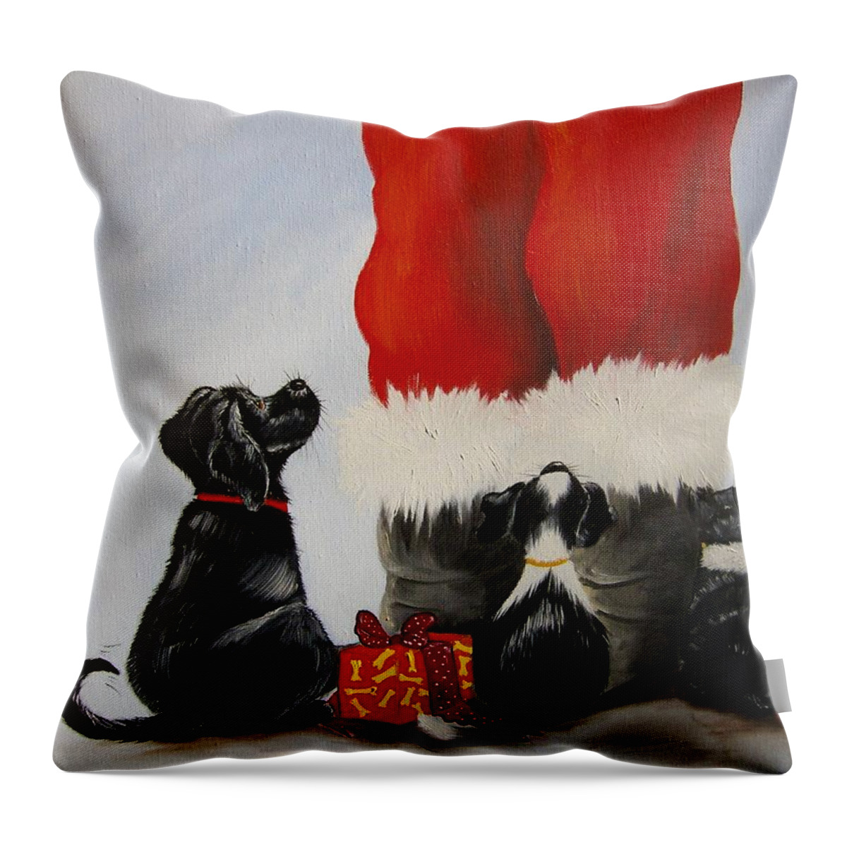 Santa Throw Pillow featuring the painting All the Fur Kids Love Santa by Debra Campbell