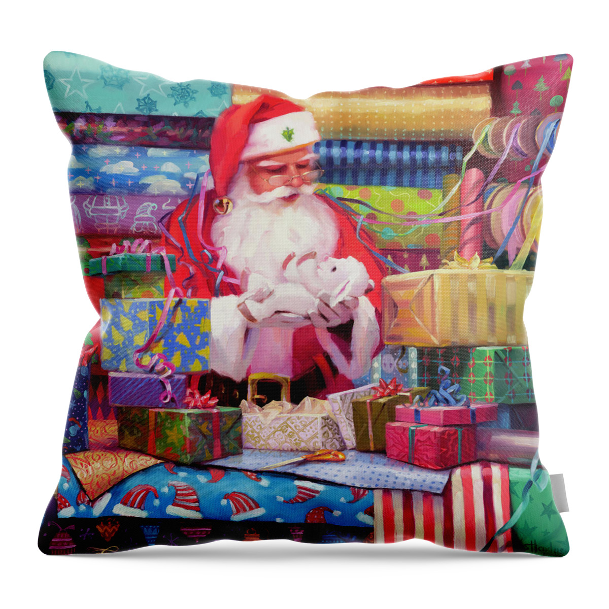 Santa Throw Pillow featuring the painting All Wrapped Up by Steve Henderson