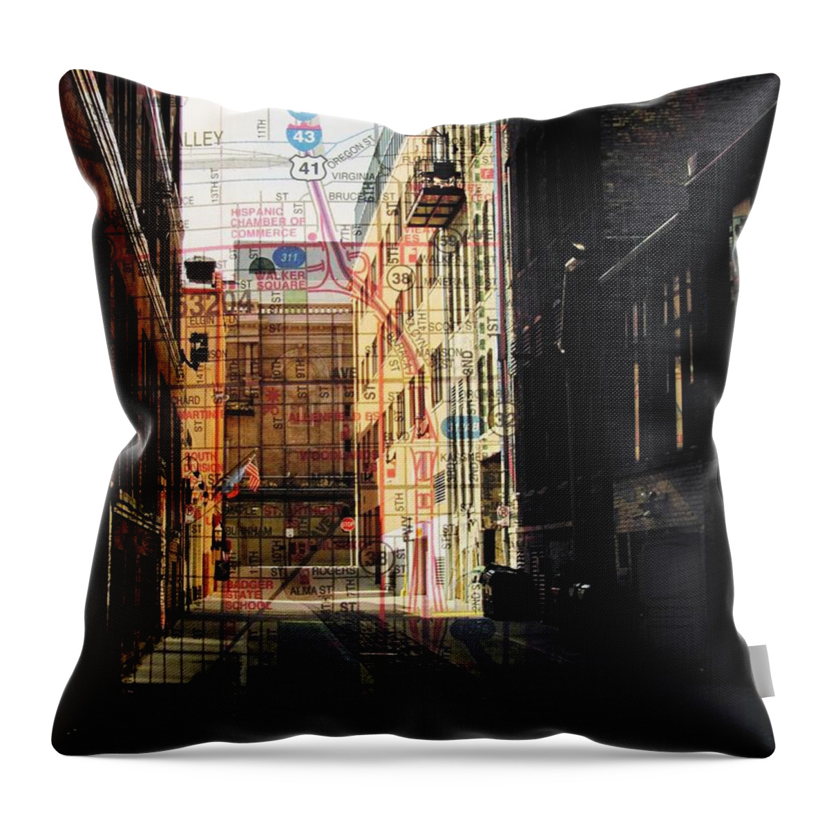 Fusion Foto Art Throw Pillow featuring the digital art Alley Front Street w Map by Anita Burgermeister