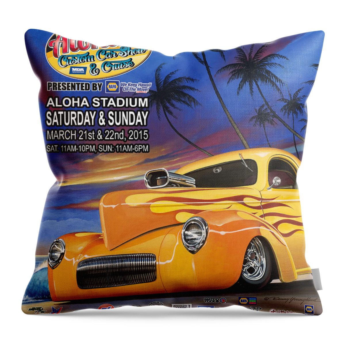 Hot Throw Pillow featuring the painting Aloha Car Show Poster by Kenny Youngblood
