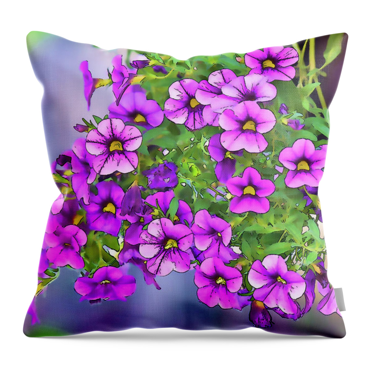 Linda Brody Throw Pillow featuring the mixed media Aloha Purple Sky Calibrachoa Abstract I by Linda Brody
