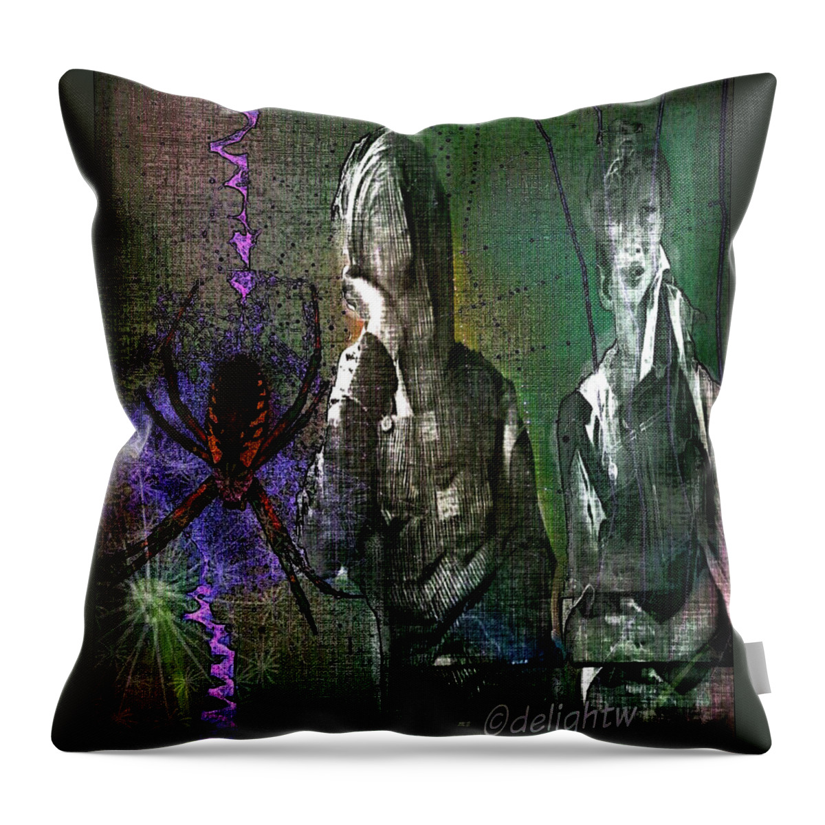 Spider Throw Pillow featuring the digital art Along Came Another Spider by Delight Worthyn