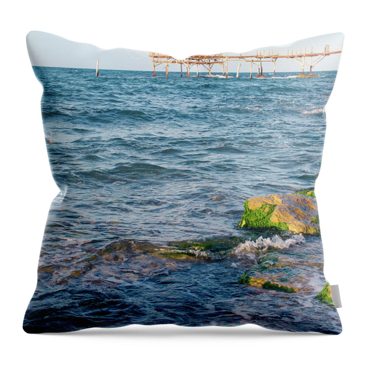 Trabocco Throw Pillow featuring the photograph Along the Abruzzo coast by AM FineArtPrints