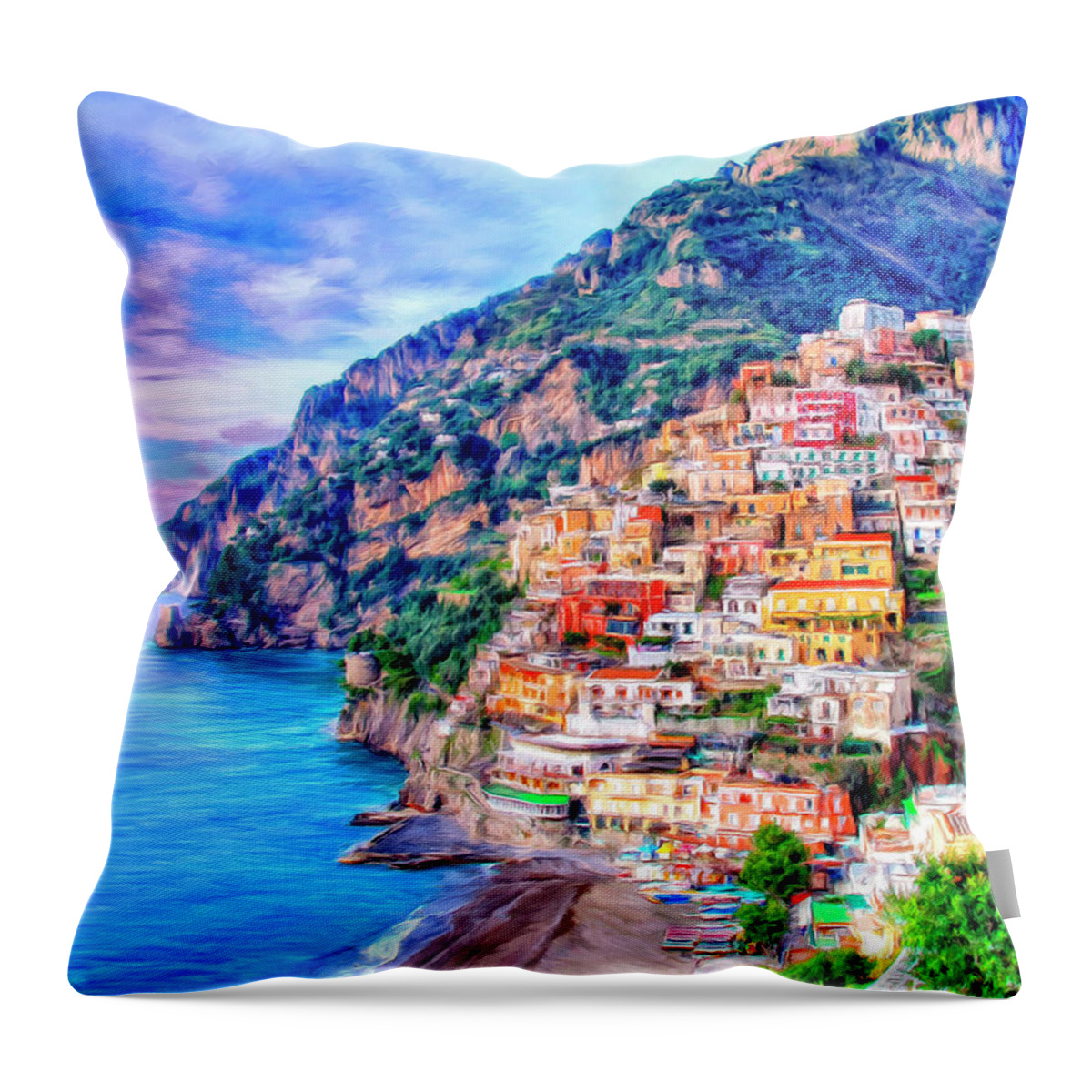Amalfi Coast Throw Pillow featuring the painting Amalfi Coast at Positano by Dominic Piperata