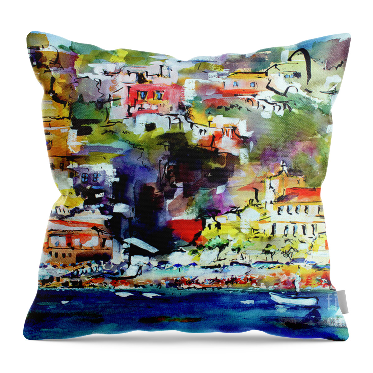 Positano Throw Pillow featuring the painting Amalfi Coast Positano Summer Vibrations by Ginette Callaway