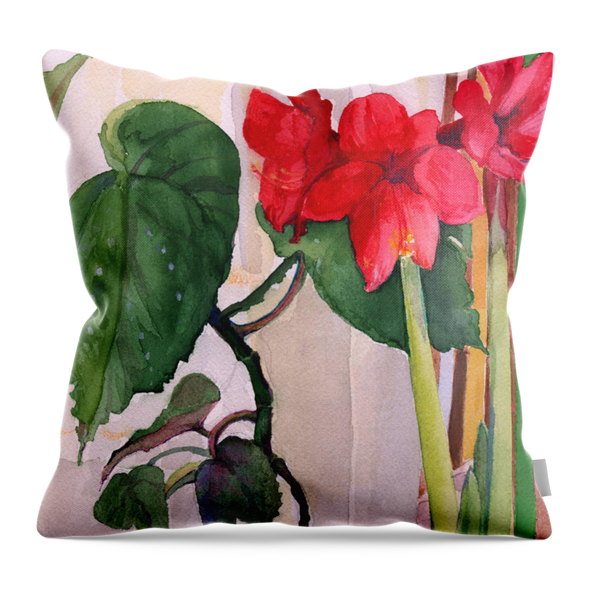 Christmas Amaryllis Throw Pillow featuring the painting Amaryllis and Begonia by Nancy Watson