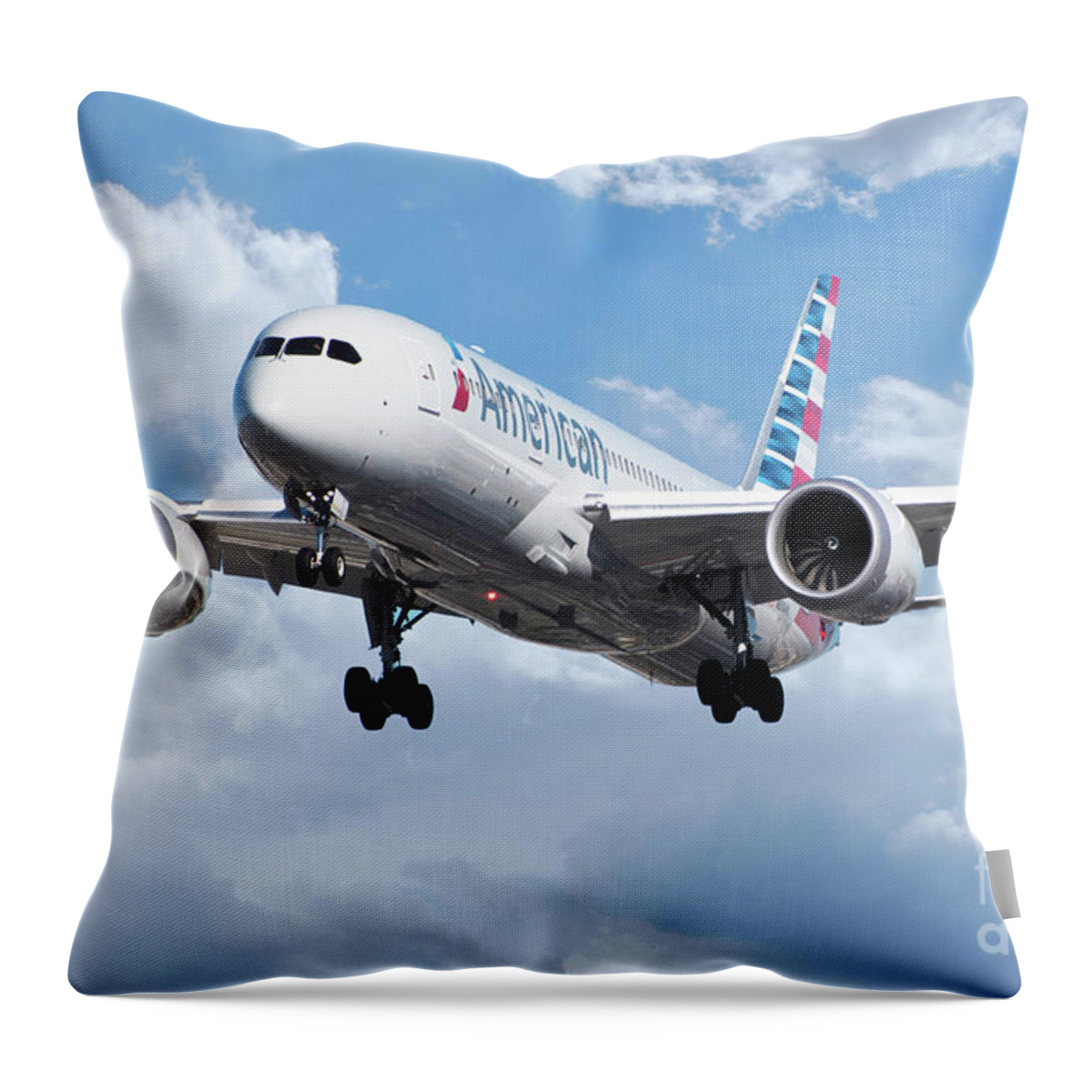 Boeing Throw Pillow featuring the digital art American Airlines Boeing 787 Dreamliner by Airpower Art