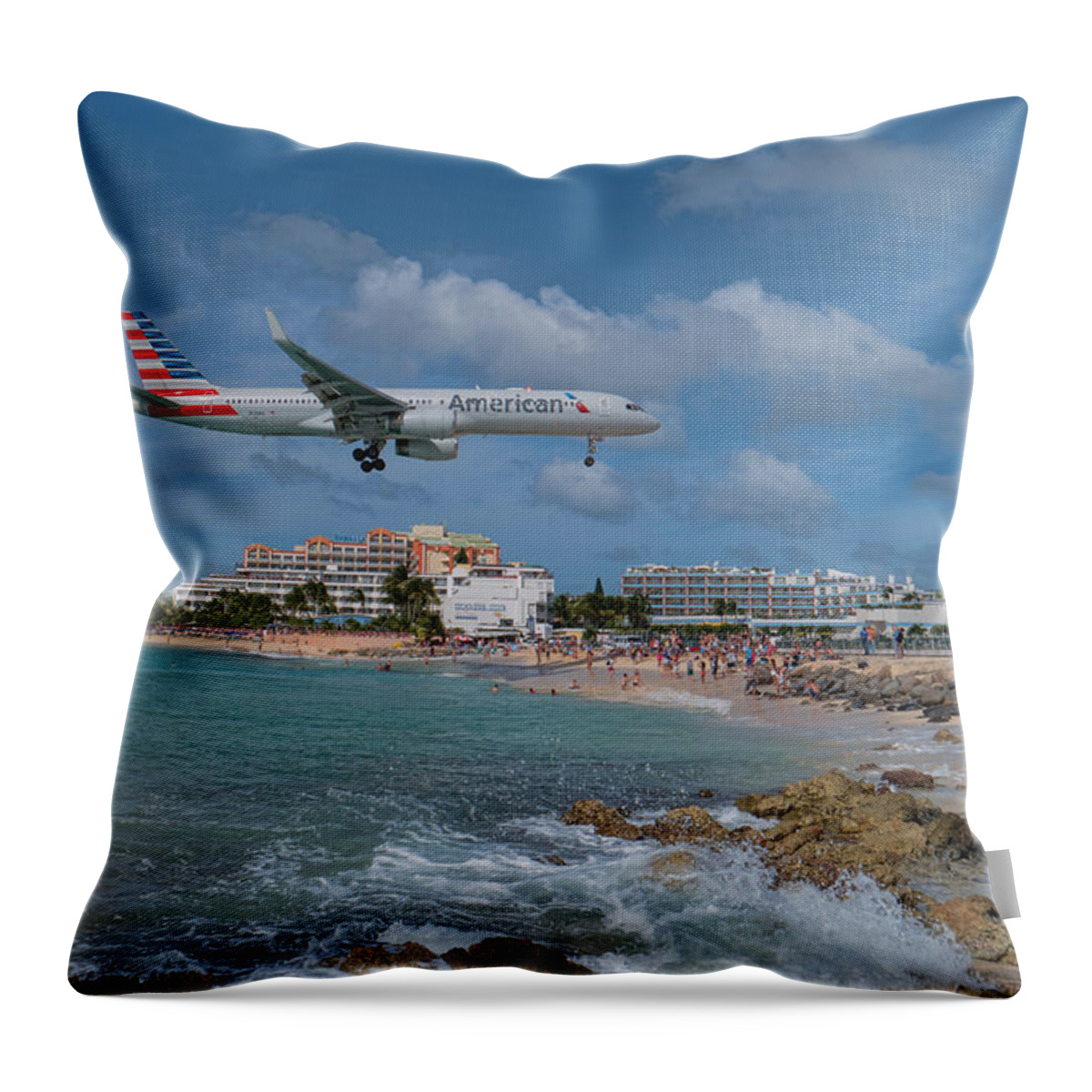 American Airlines Throw Pillow featuring the photograph American Airlines landing at St. Maarten airport by David Gleeson