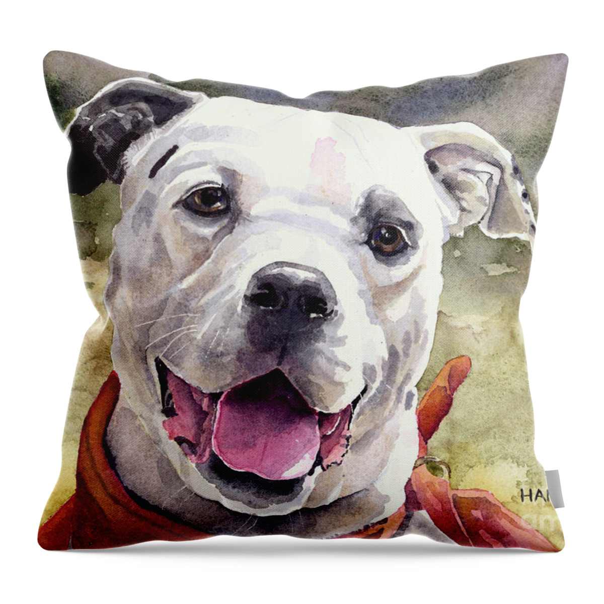 Dog Throw Pillow featuring the painting American Bulldog - Casper by Steve Hamlin