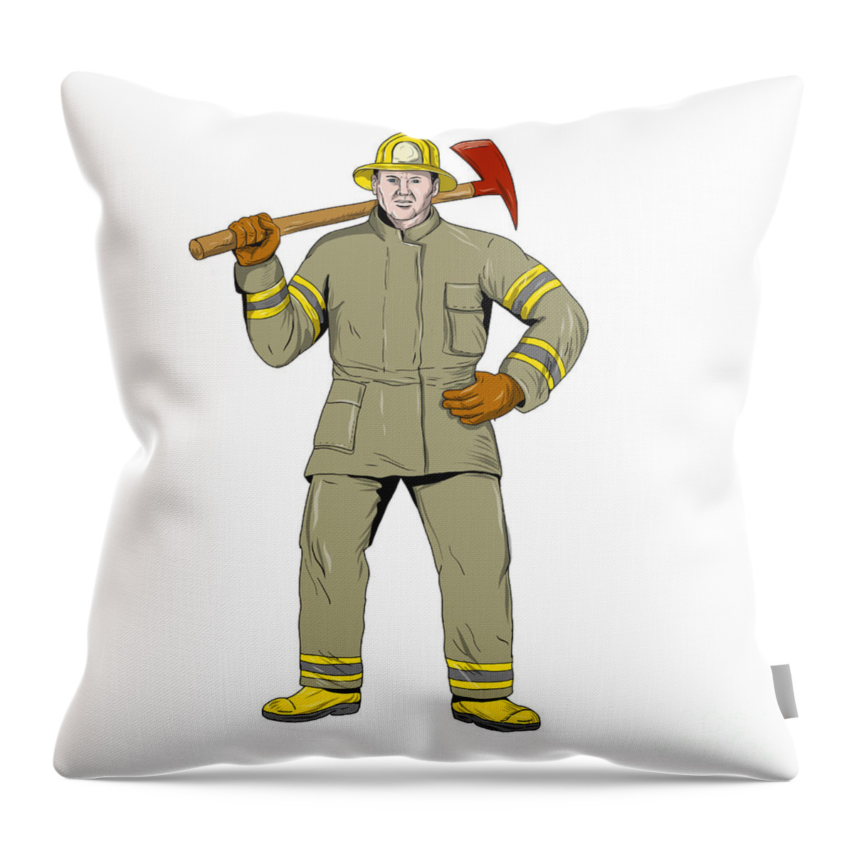 Drawing Throw Pillow featuring the digital art American Firefighter Fire Axe Drawing by Aloysius Patrimonio