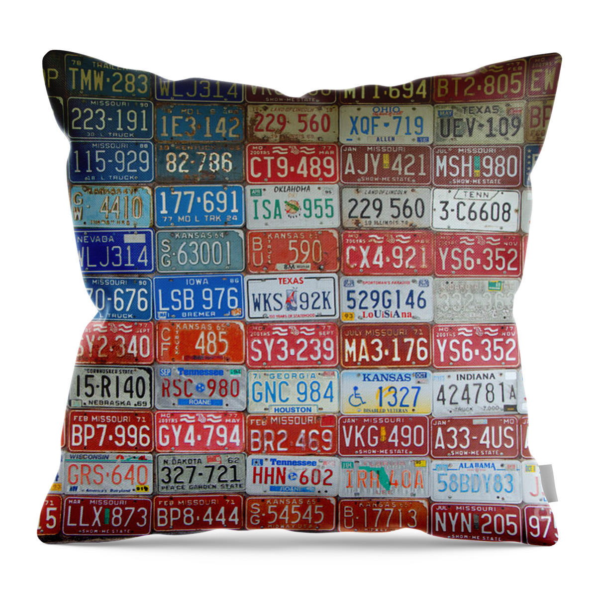 Car Tag Throw Pillow featuring the photograph American Flag Made from Car Tags at Red Oak II Carthage Missouri by T Lowry Wilson