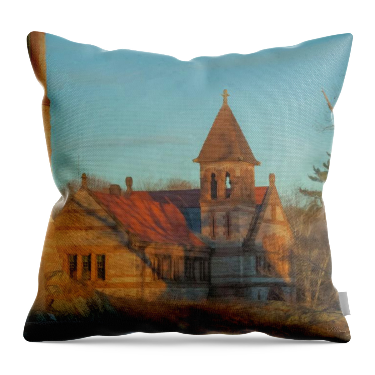 Lanscape Throw Pillow featuring the painting Ames Free Library at Solstice by Bill McEntee