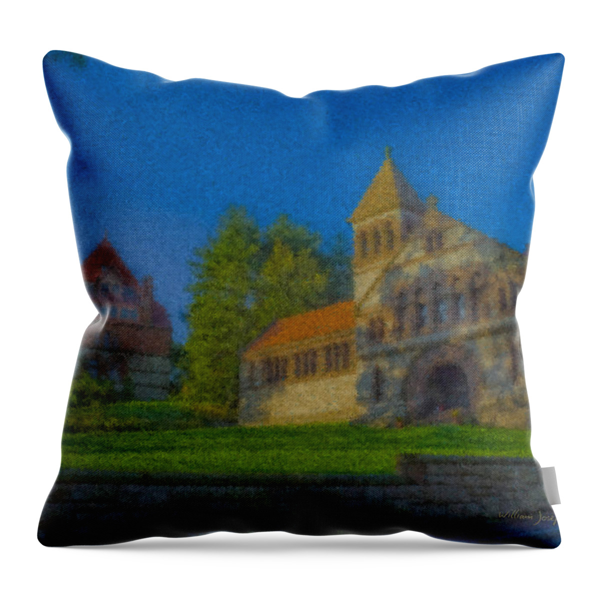 Ames Hall Throw Pillow featuring the painting Ames Hall and Ames Free Library by Bill McEntee
