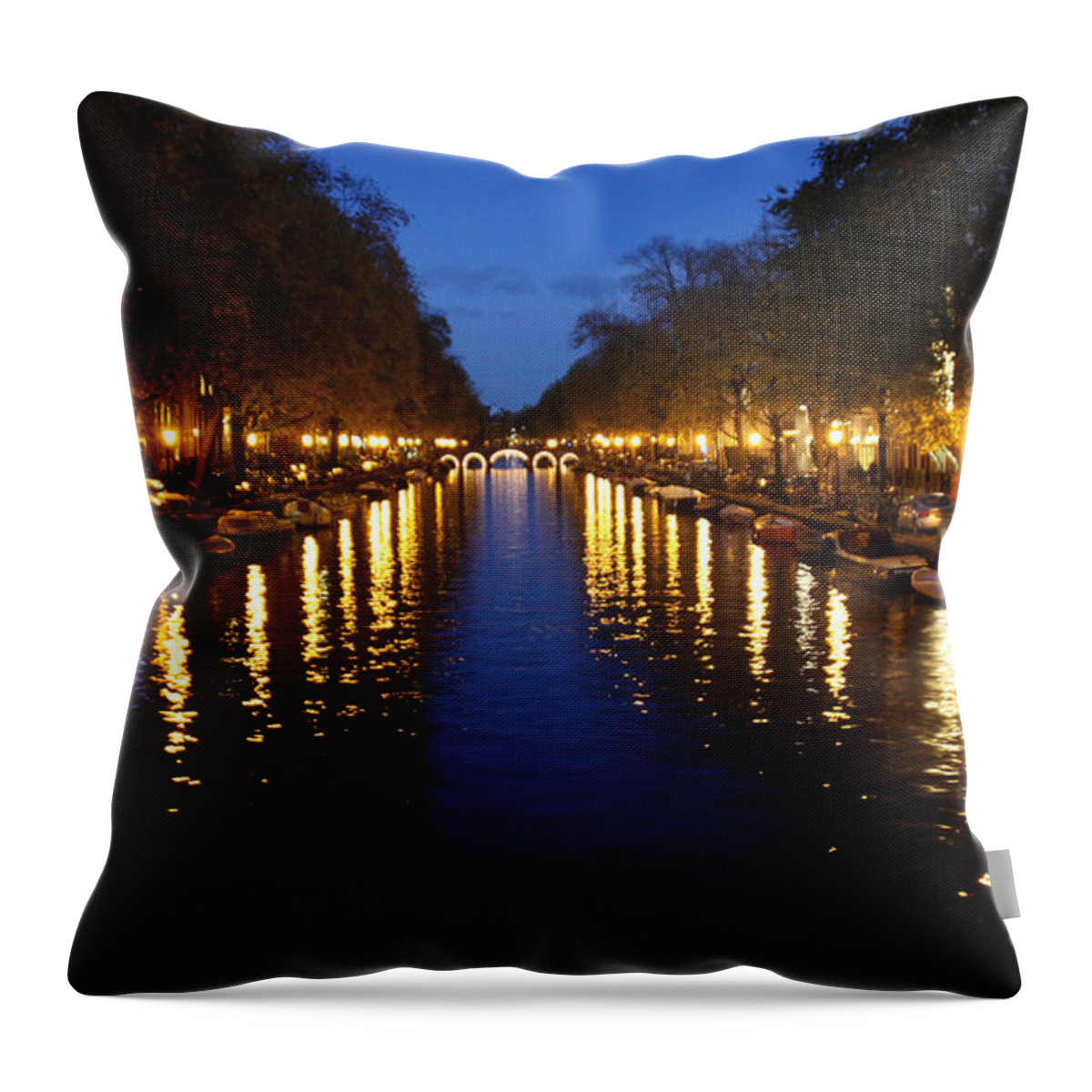 Amsterdam Canal Night Throw Pillow featuring the photograph Amsterdam at Night by Pat Moore