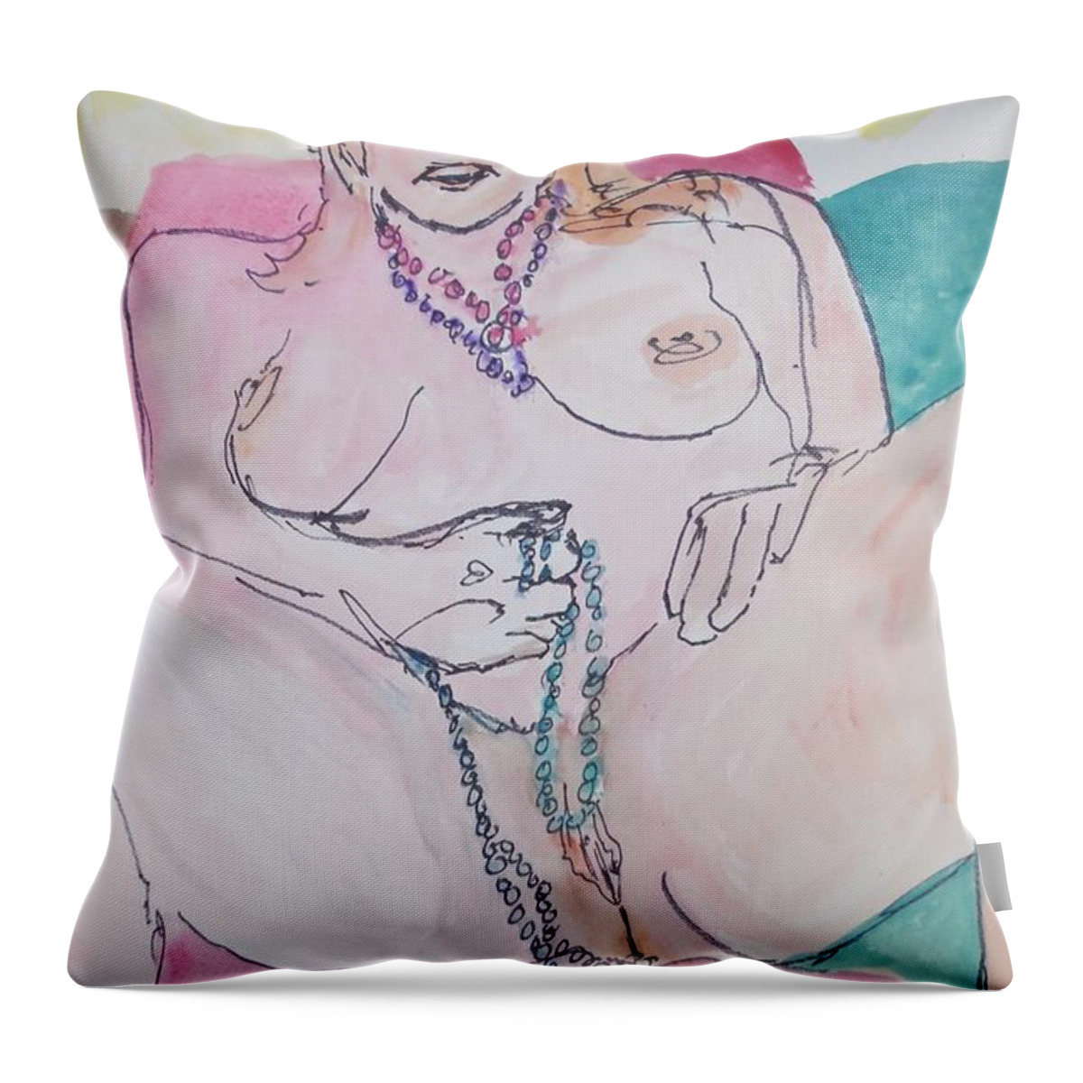 Nude Throw Pillow featuring the painting Serena Mardi Gras Beads by James Christiansen