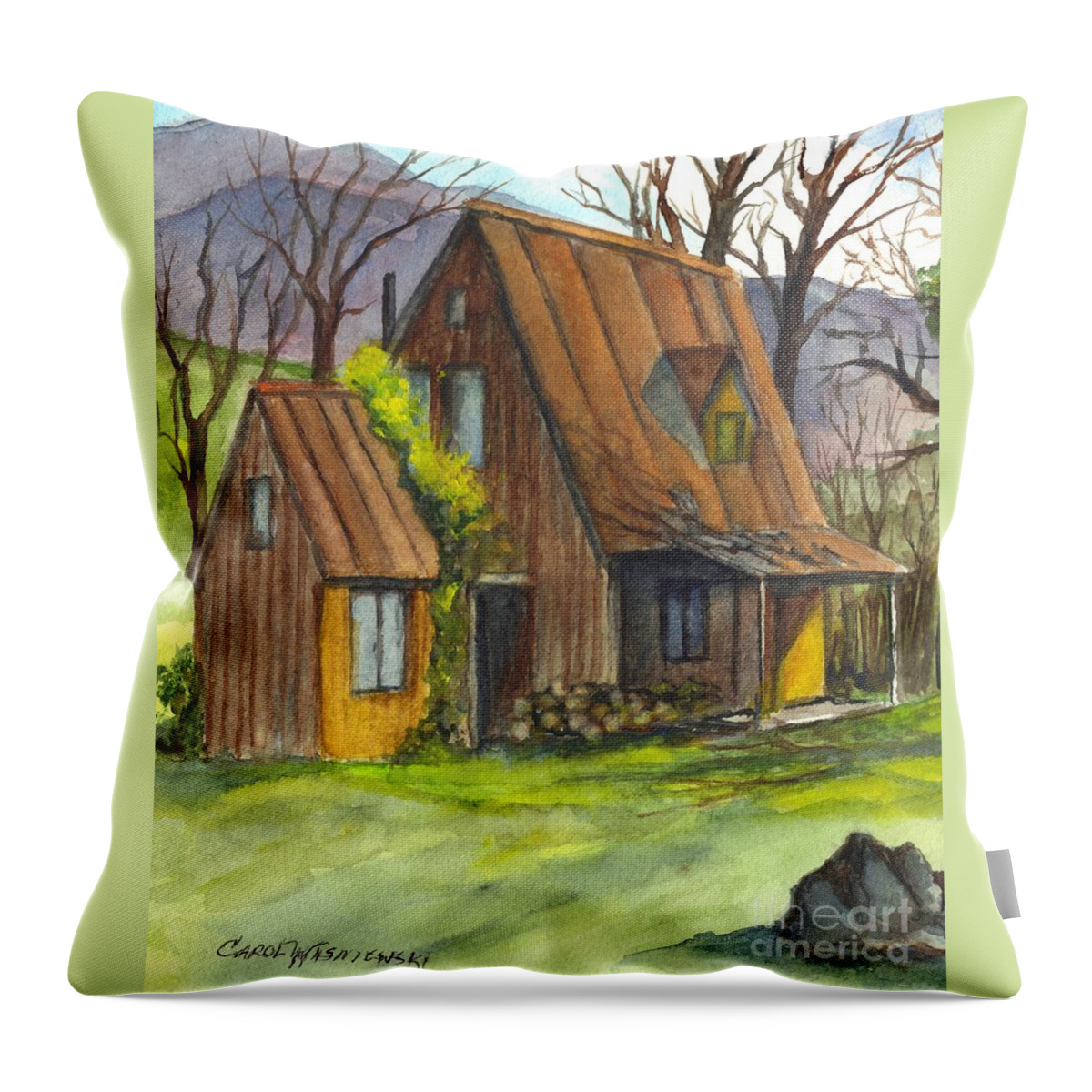 Mountains Throw Pillow featuring the painting An Appalacian Cabin Called Home by Carol Wisniewski
