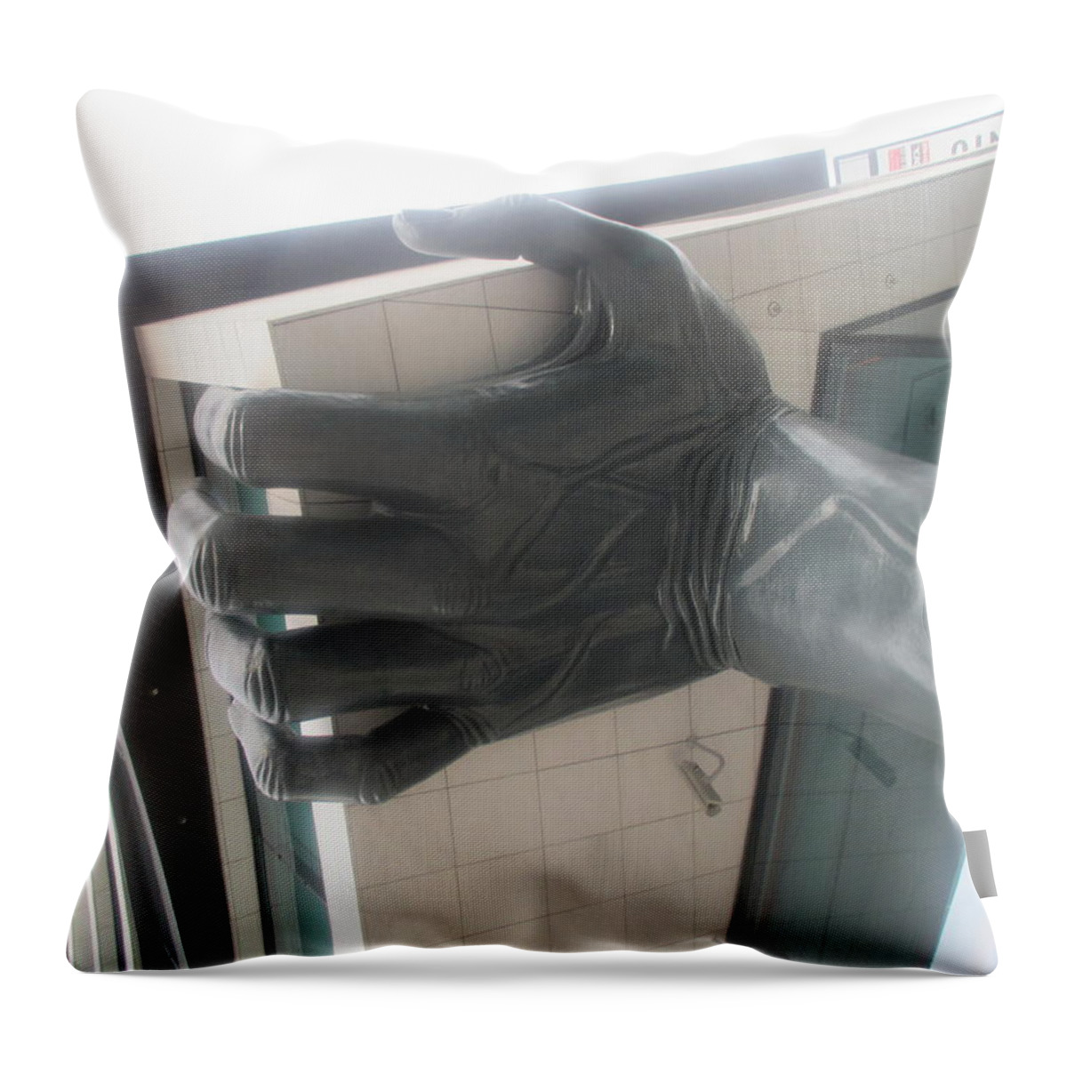 Architecture Throw Pillow featuring the photograph an arm holding a building in Lisbon by Anamarija Marinovic