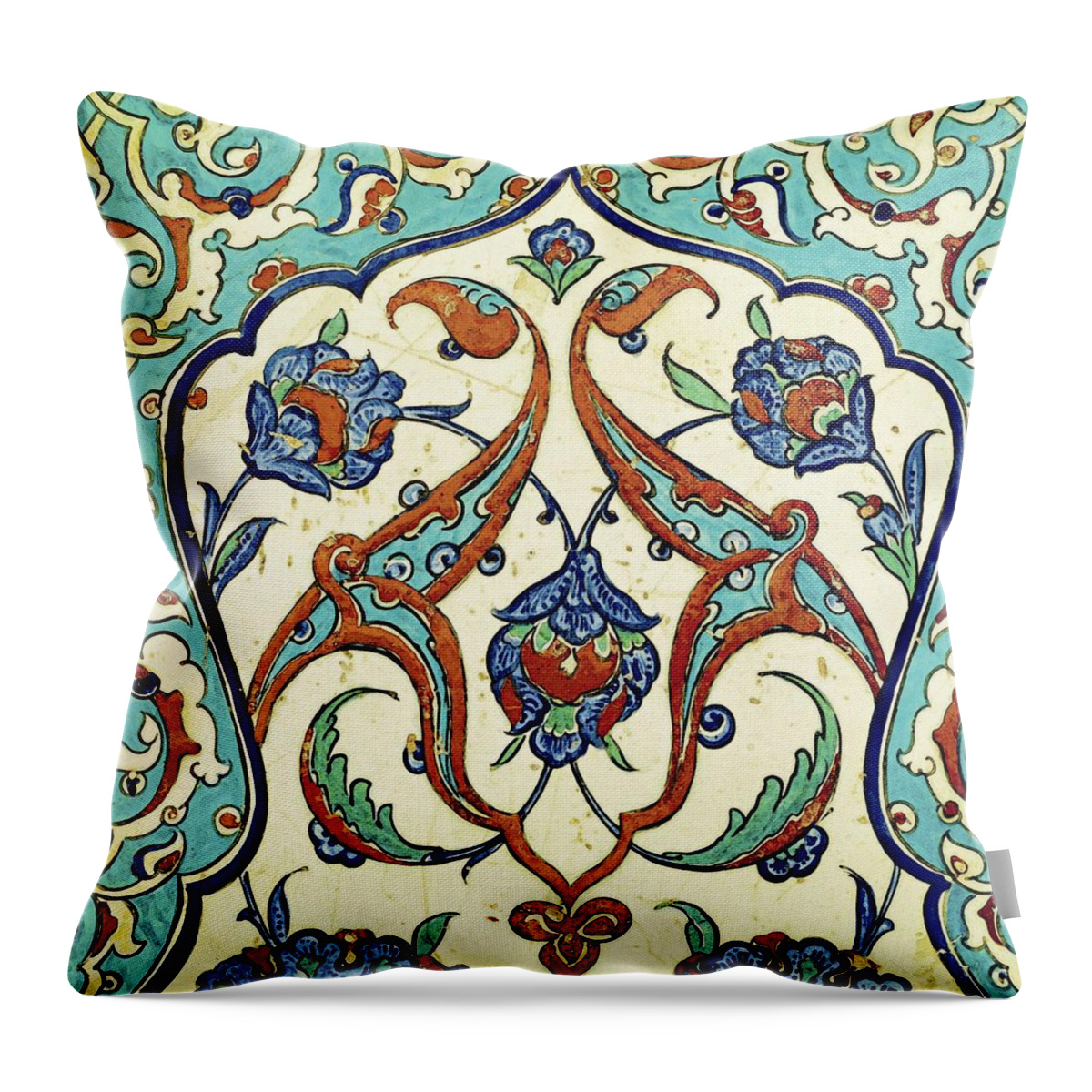 Turkish Throw Pillow featuring the painting An Iznik Polychrome Tile, Turkey, circa 1580, by Adam Asar, No 20k by Celestial Images
