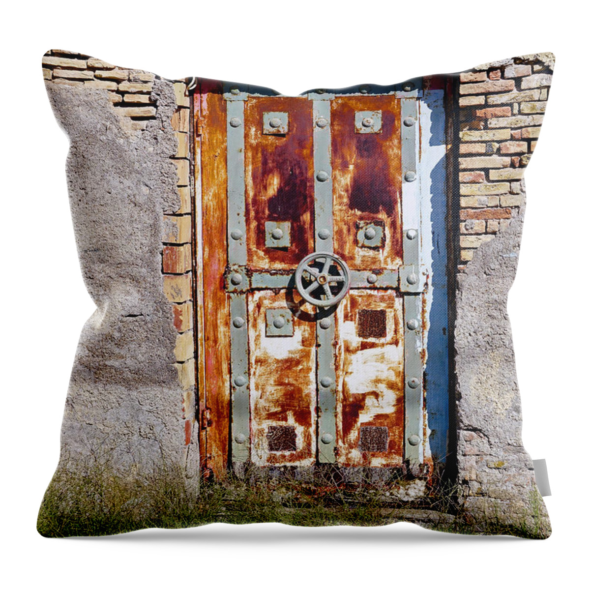 Old Rusty Door Throw Pillow featuring the photograph An Old Rusty Door In Katakolon Greece by Rick Rosenshein