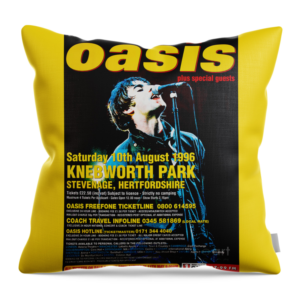 Concert Throw Pillow featuring the photograph An original litho-printed Oasis poster for the 1996 Knebworth concert by Oasis