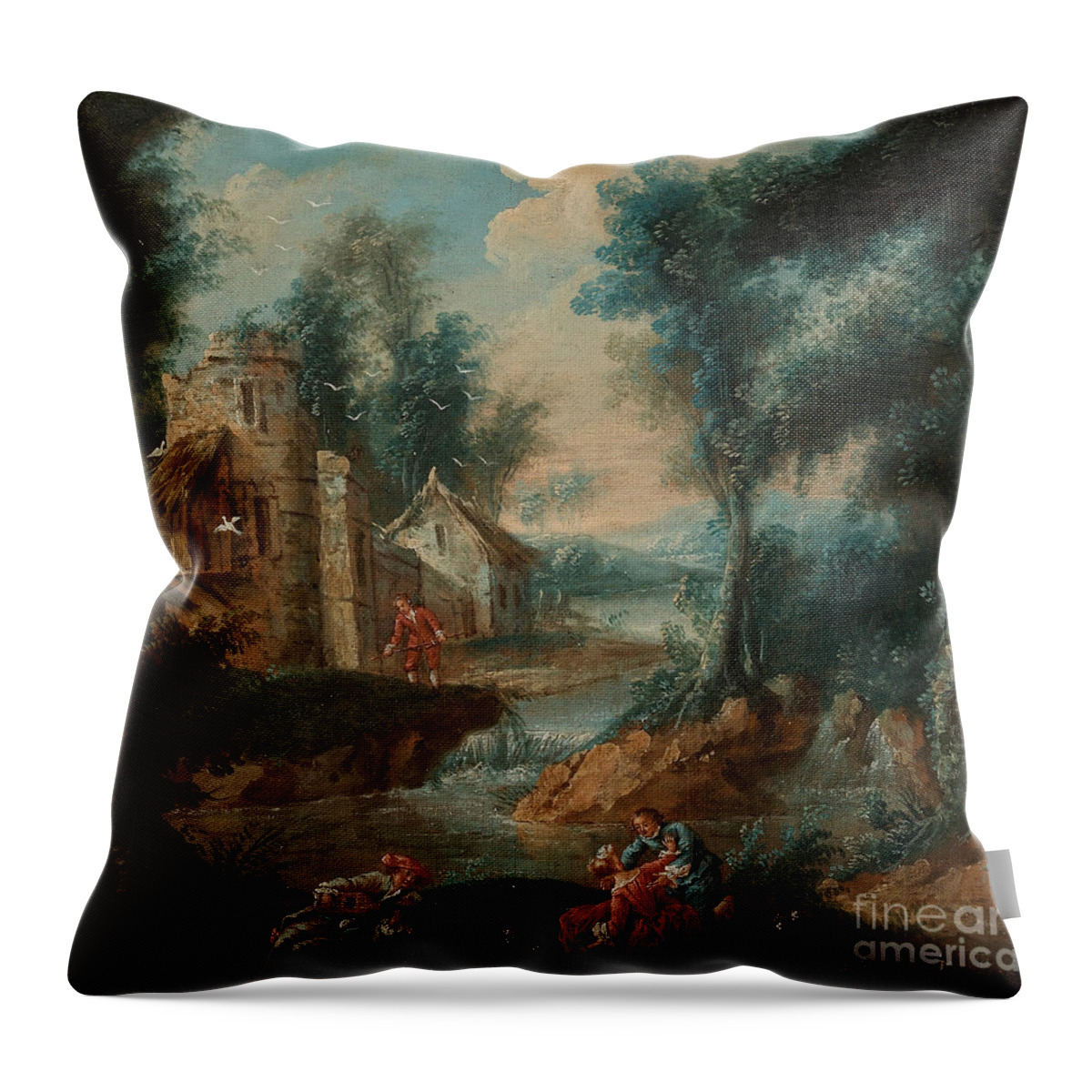 An Overdoor With A Shephard Scene With Bird House Throw Pillow featuring the painting An Overdoor With A Shephard Scene With Bird House by Celestial Images