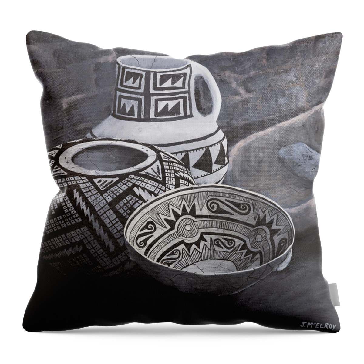 Native American Throw Pillow featuring the painting Anasazi Black on White by Jerry McElroy