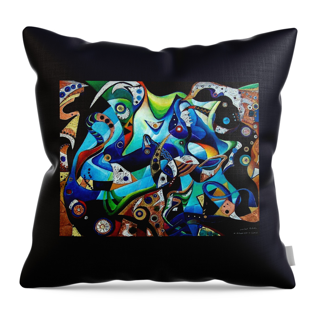 Abstract Acrylic Painting Metal Metalwork Embossing Embossed Gems Lapis Lazuli Onyx Ruby Spinel Throw Pillow featuring the painting Ancient Echoes by Wolfgang Schweizer