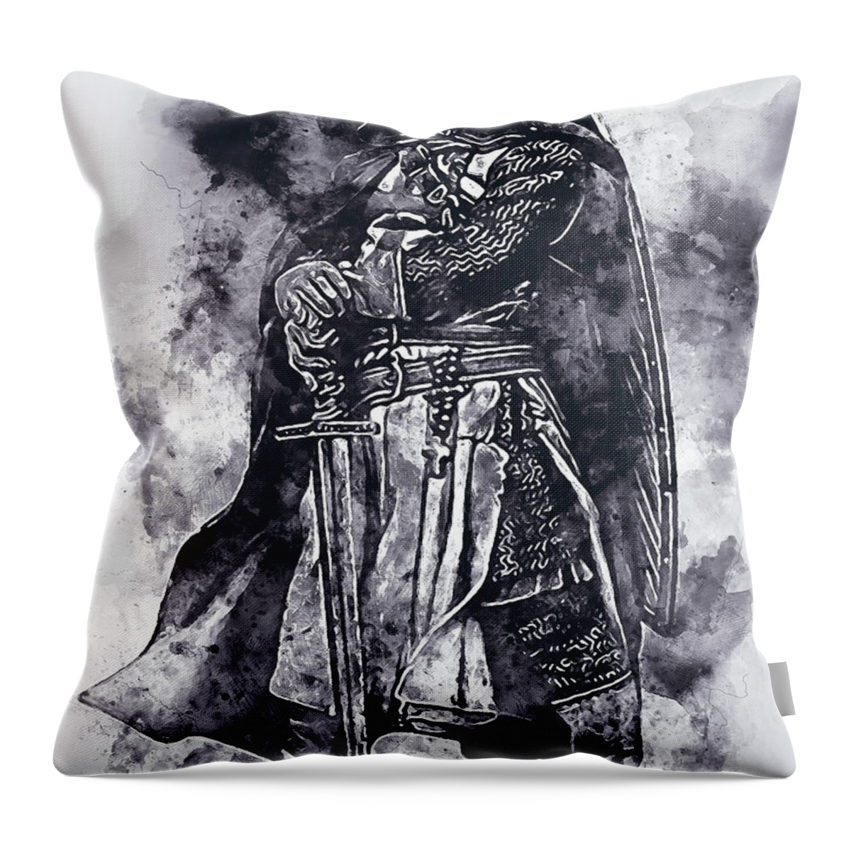 Ancient Templar Throw Pillow featuring the painting Ancient Templar Knight - Watercolor 07 by AM FineArtPrints