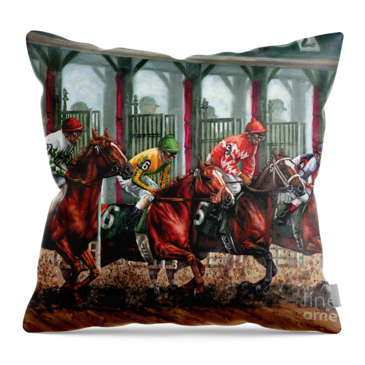  Throw Pillow featuring the painting And They're Off by Thomas Allen Pauly