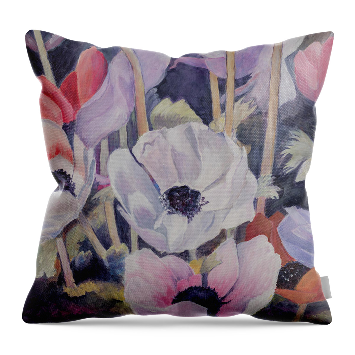 Floralscape Throw Pillow featuring the painting Anemones by Nadine Button