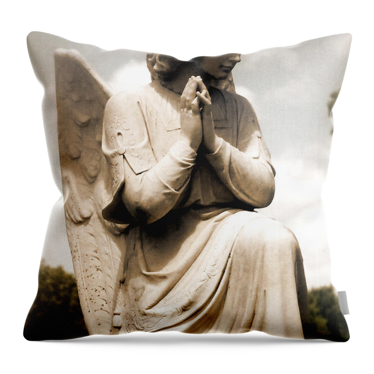 Angel Art Prints Throw Pillow featuring the photograph Angel In Prayer Kneeling - Guardian Angel of Compassion by Kathy Fornal