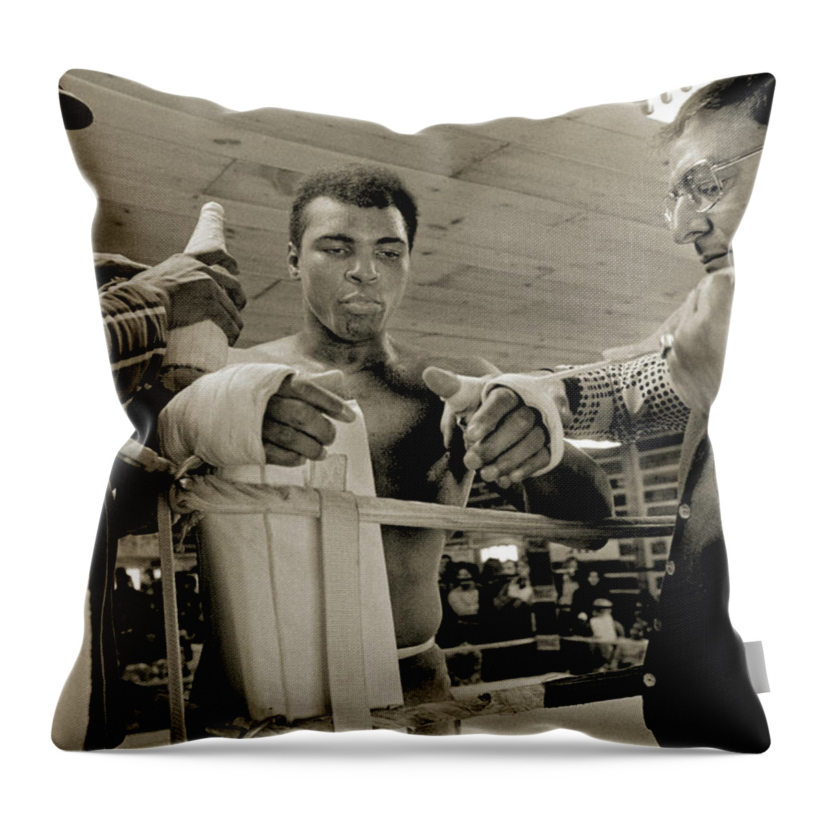 Boxing Throw Pillow featuring the photograph Angelo and Ali Wrap Hands by Jan W Faul