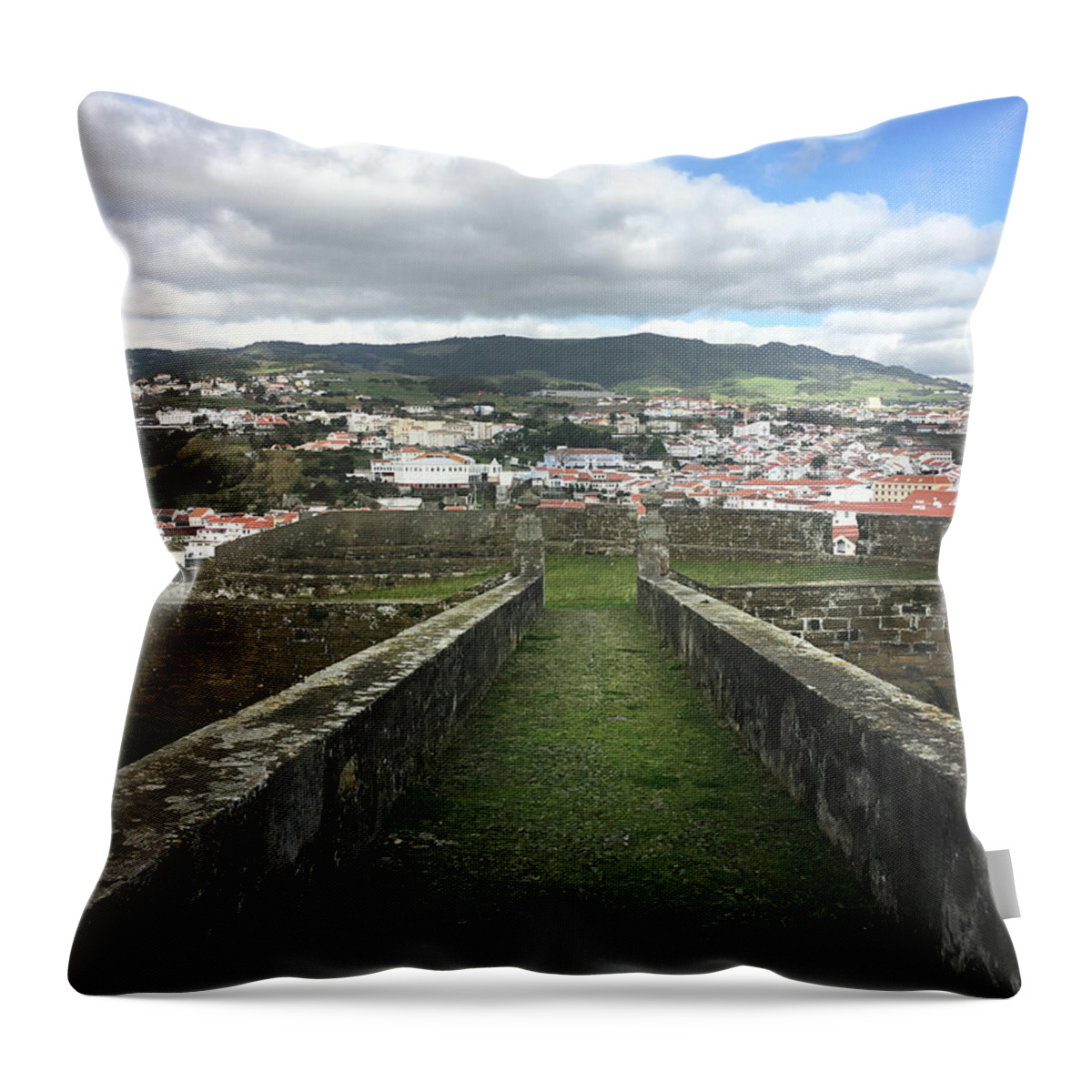 Kelly Hazel Throw Pillow featuring the photograph Angra do Heroismo from The Fortress of Sao Joao Baptista by Kelly Hazel