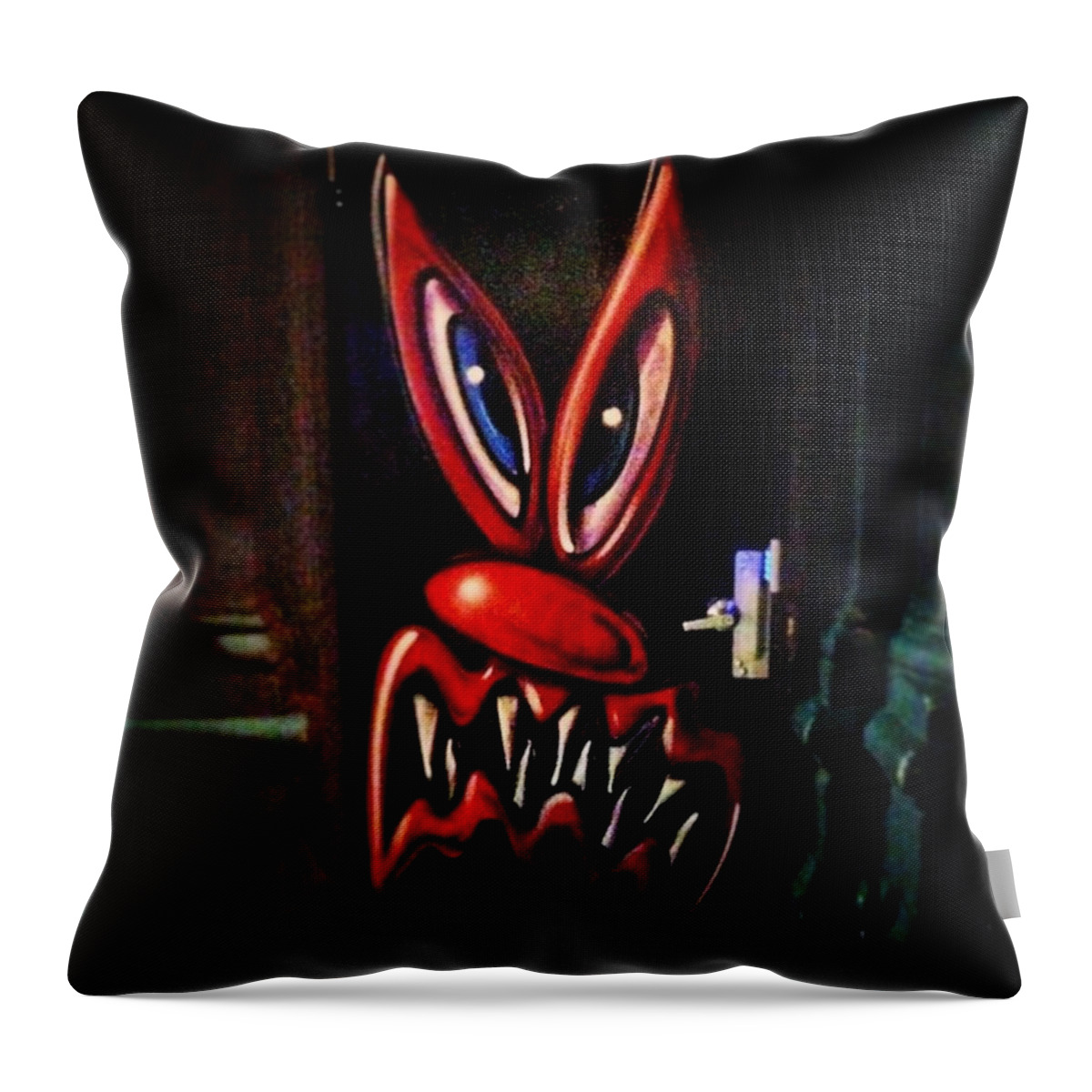 Kennyscharf Throw Pillow featuring the photograph Angry Door by Allan Piper