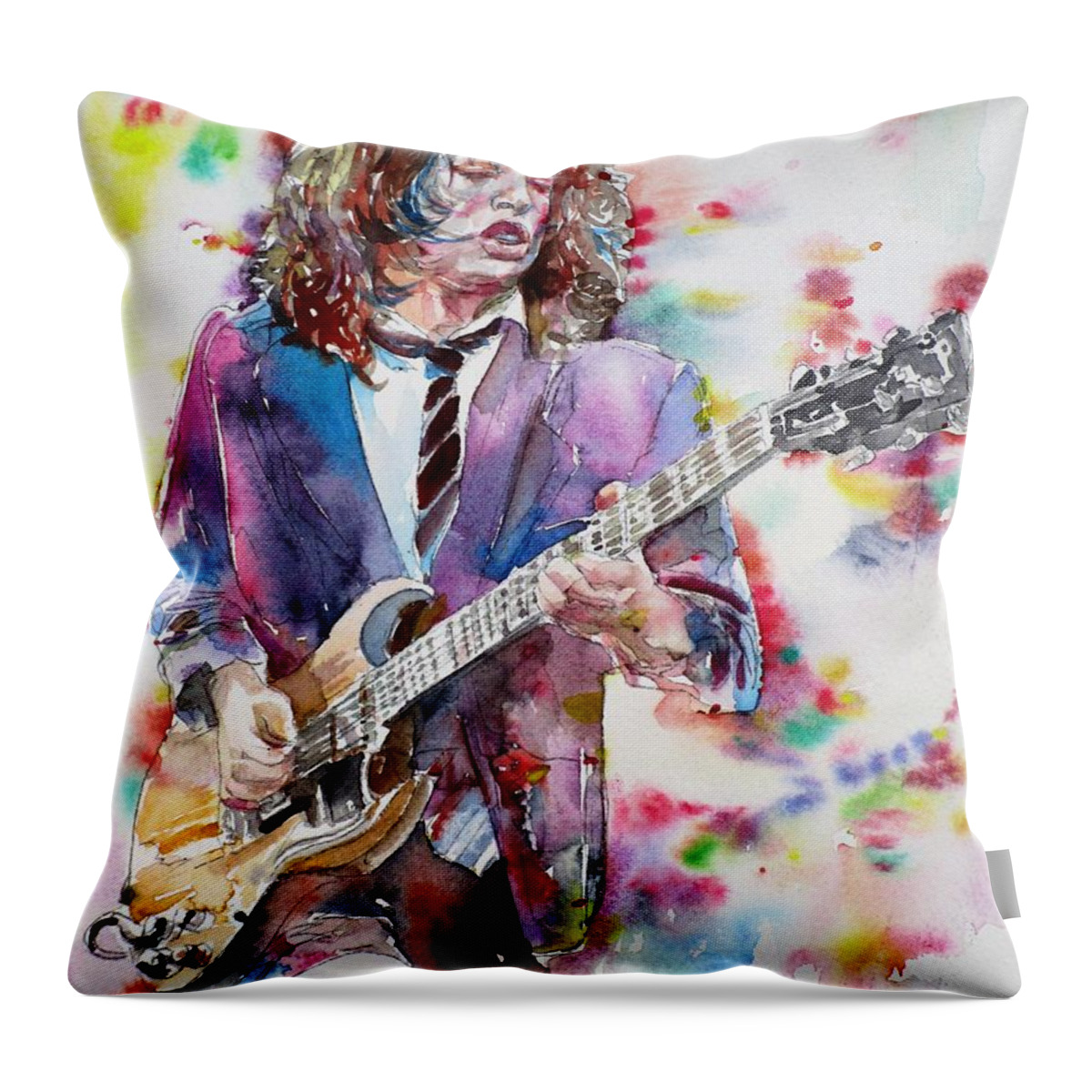 Angus Young Throw Pillow featuring the painting ANGUS YOUNG - watercolor portrait by Fabrizio Cassetta