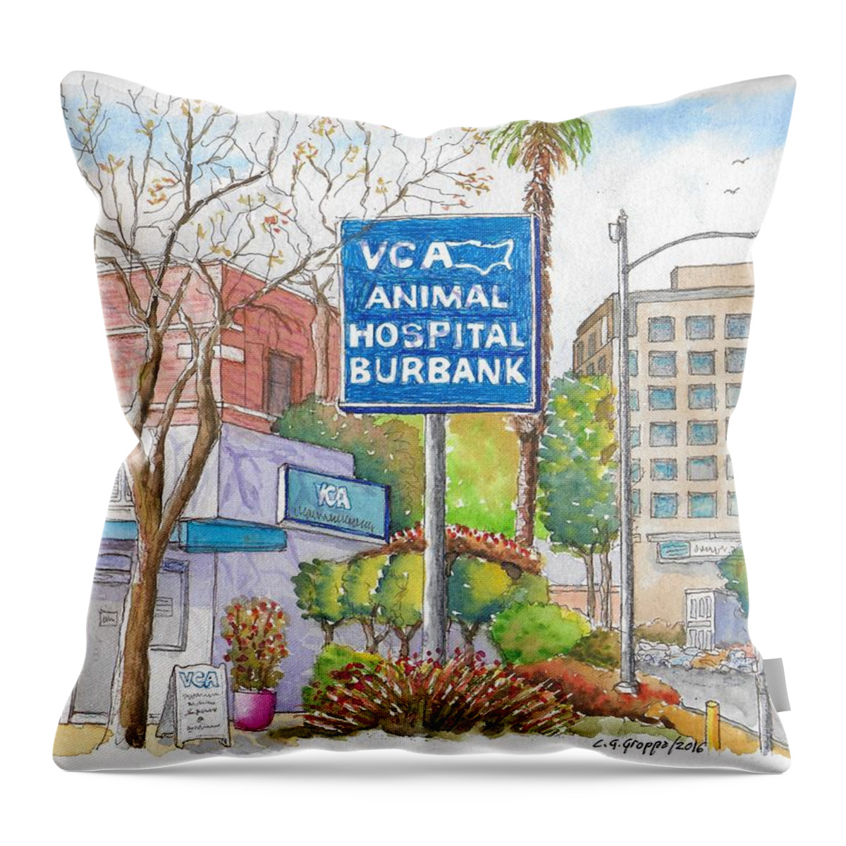 Animal Hospital Throw Pillow featuring the painting Anibal Hospital Burbank in Olive St., Burbank, California by Carlos G Groppa