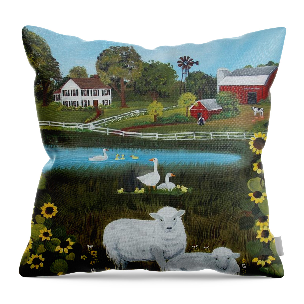 Sheep Throw Pillow featuring the painting Animal Farm by Virginia Coyle