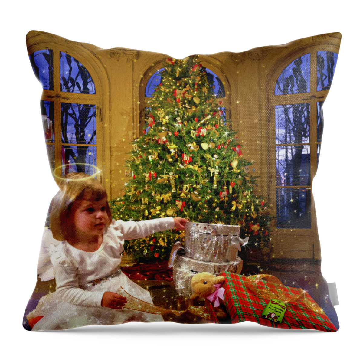 Young Child Opening Christmas Presents Throw Pillow featuring the digital art Annalise and Santa by Doug Kreuger