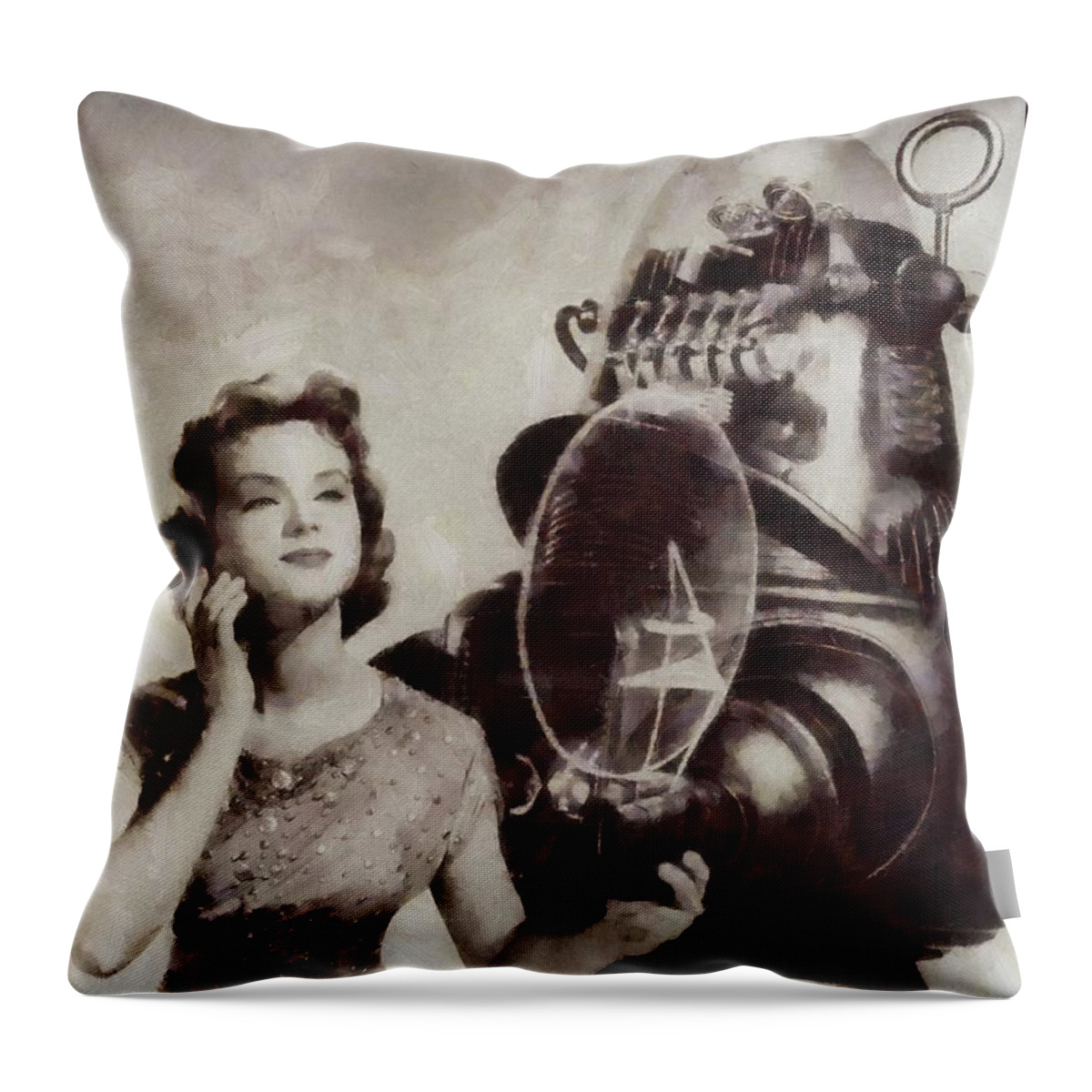 Hollywood Throw Pillow featuring the painting Anne Francis and Robby the Robot from Forbidden Planet by Esoterica Art Agency