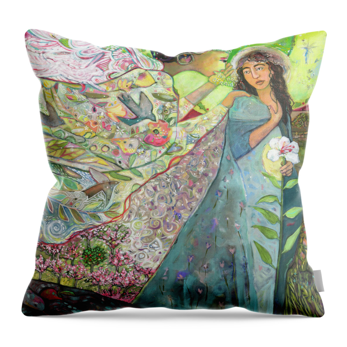 Jen Norton Throw Pillow featuring the painting Annunciation by Jen Norton