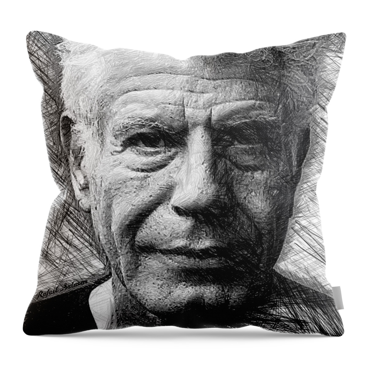 Rafael Salazar Throw Pillow featuring the drawing Anthony Bourdain - Ink Drawing by Rafael Salazar