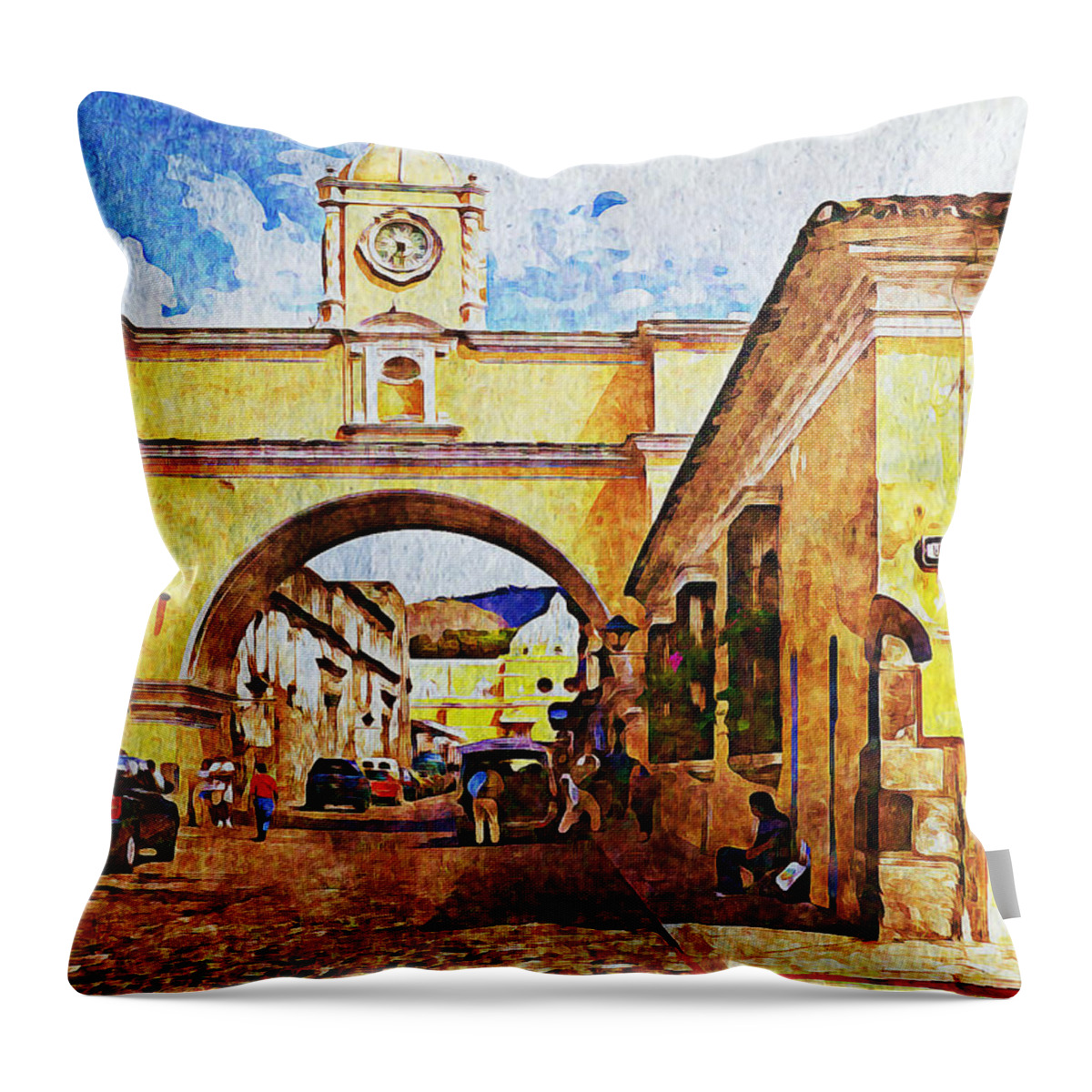 Guatemala Throw Pillow featuring the mixed media Antigua, Guatemala - Digital paint by Tatiana Travelways