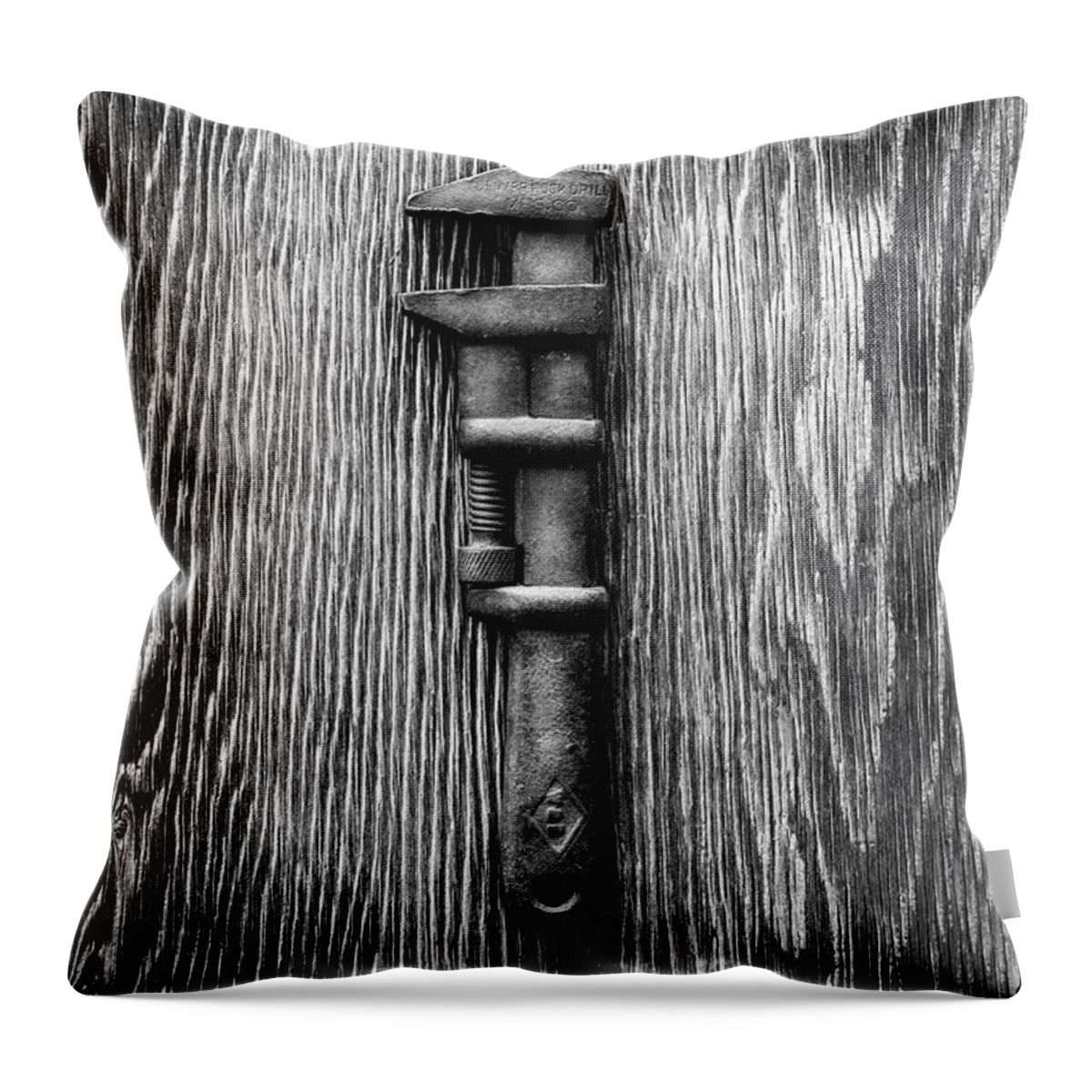 Antique Throw Pillow featuring the photograph Antique Adjustable Wrench BW by YoPedro