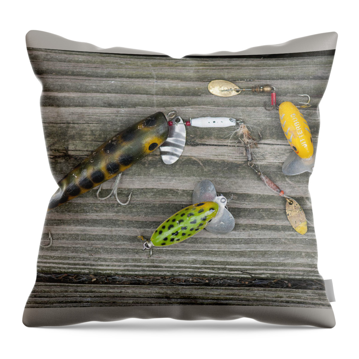 Antique Throw Pillow featuring the photograph Antique fishing lures by Brian Green