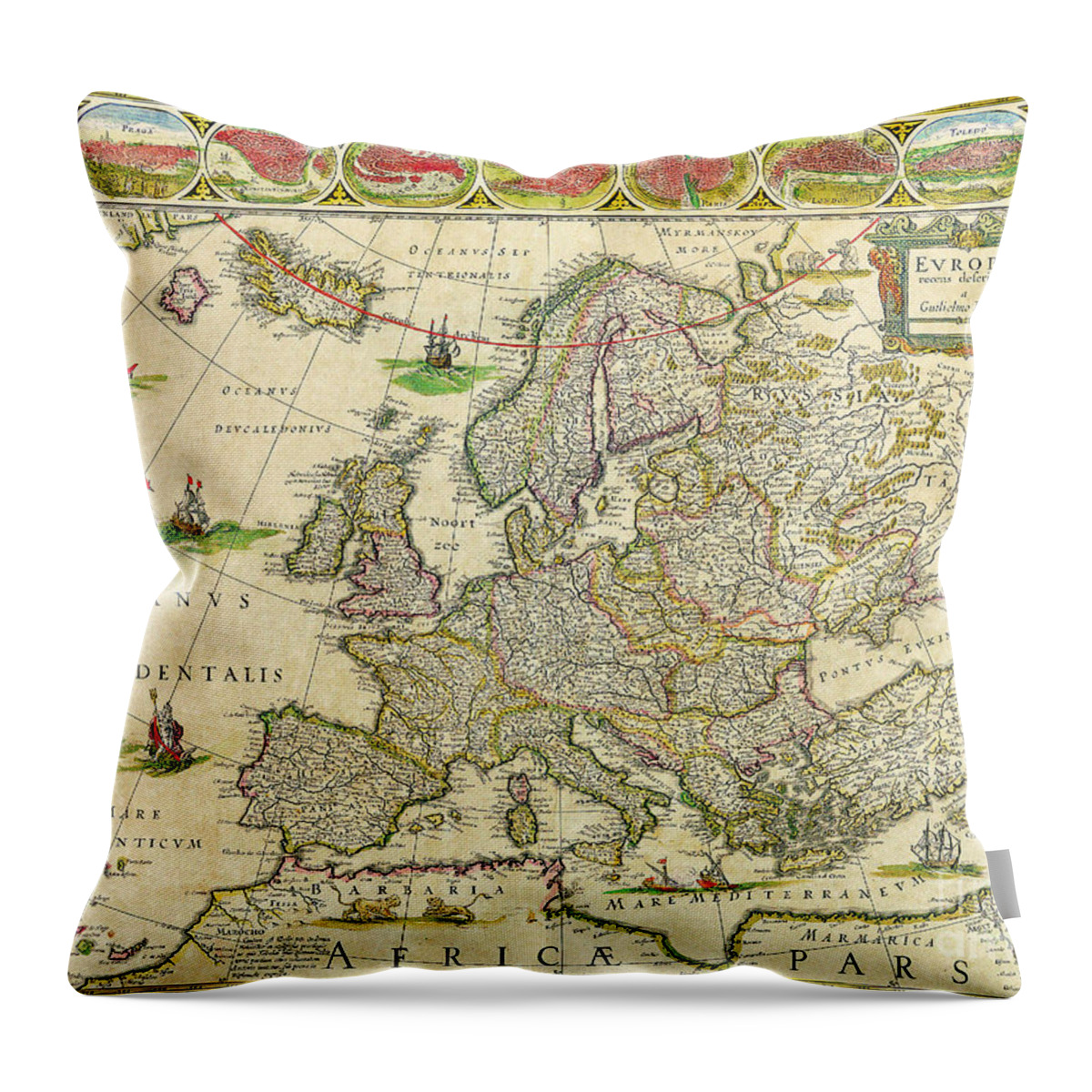 Antique Throw Pillow featuring the painting Antique Maps of the World Map of Europe Willem Blaeu c 1650 by Vintage Collectables