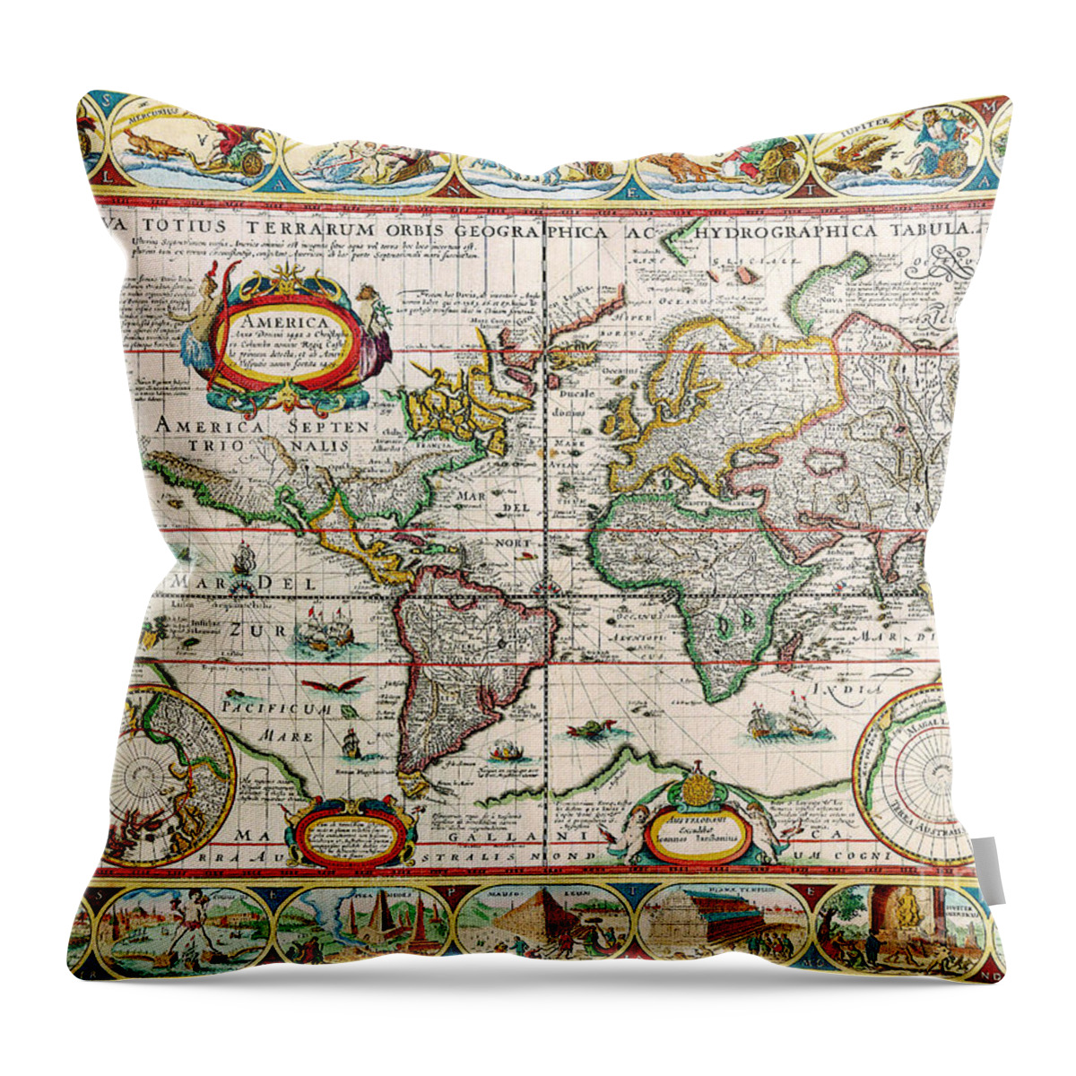 Antique Throw Pillow featuring the painting Antique Maps of the World Map The Americas Pieter Van Den Keere c 1628 by Vintage Collectables