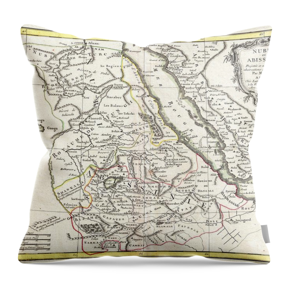 Antique Map Of Abyssinia Throw Pillow featuring the drawing Antique Maps - Old Cartographic maps - Antique Map of Abyssinia, Sudan and The Red Sea, 1771 by Studio Grafiikka