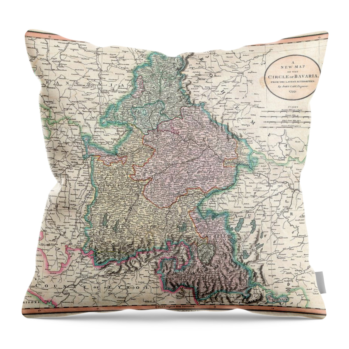Antique Map Of Bavaria Throw Pillow featuring the drawing Antique Maps - Old Cartographic maps - Antique Map of Bavaria, Salzburg, Germany - 1799 by Studio Grafiikka