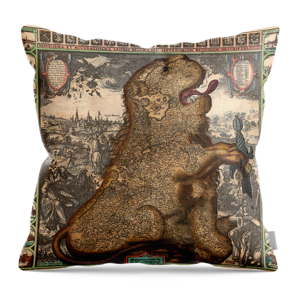 Antique Map Of Leo Belgium Throw Pillow featuring the drawing Antique Maps - Old Cartographic maps - Antique Map of Belgium - Leo Belgicus by Studio Grafiikka